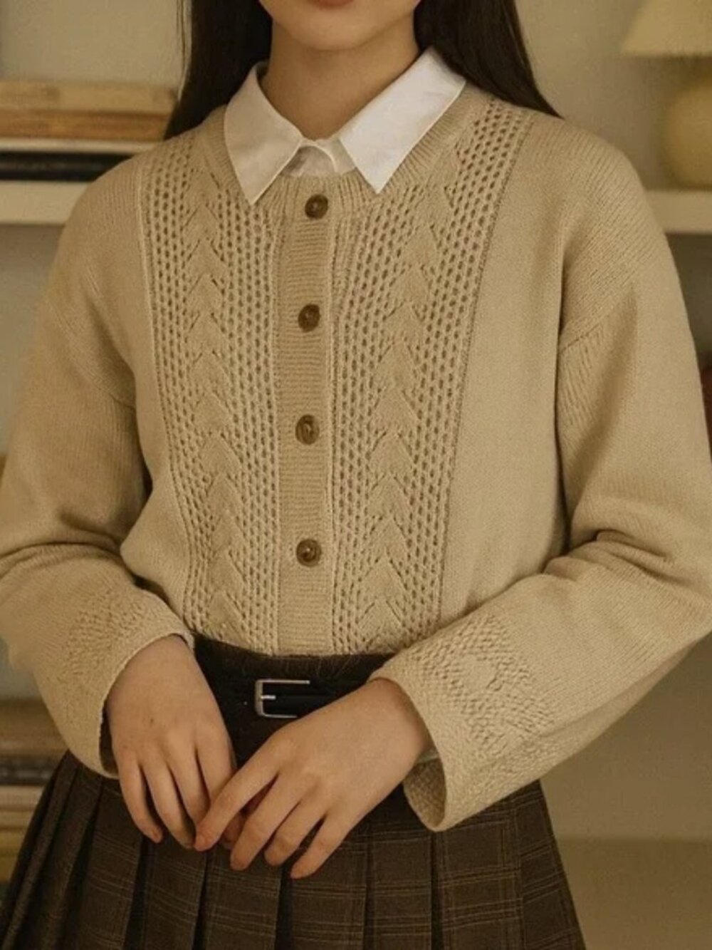 VTG Wintuk Beige Pointelle Knit Cardigan Sweater Size M Dark Academia Retro